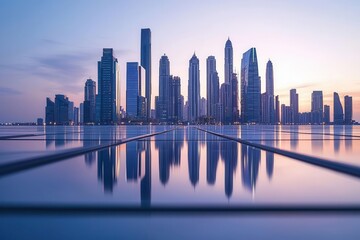 Futuristic city, mirrored solar panels, sustainable energy, sleek skyline at dusk