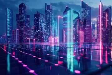 Futuristic city skyline, solar panel reflections, vibrant sustainable energy, twilight glow