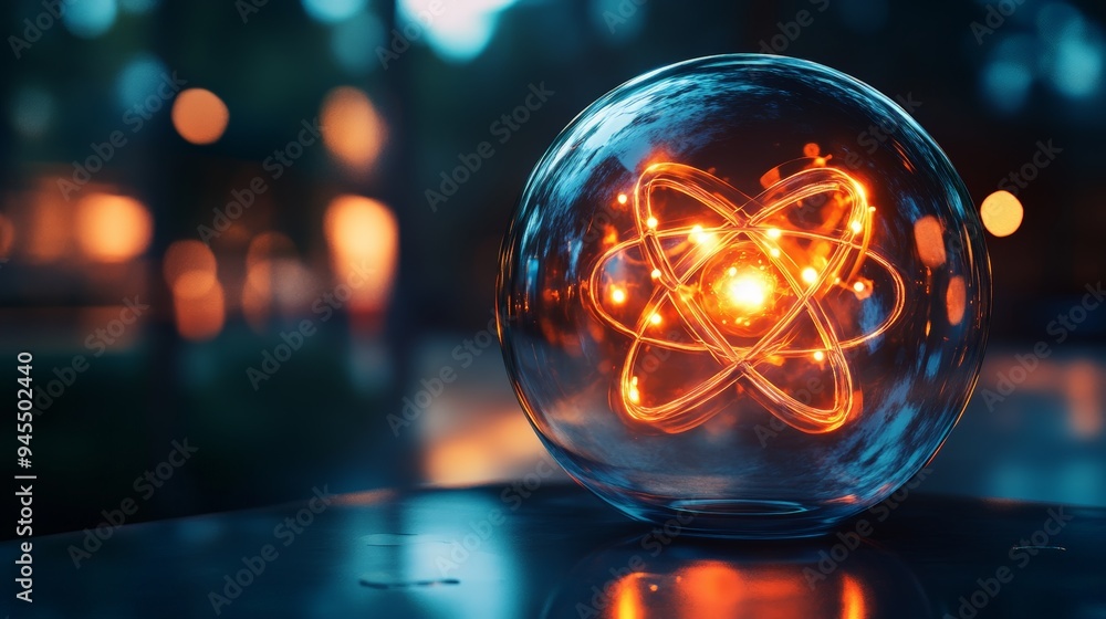 Aufkleber the image showcases a glowing atomic symbol encapsulated in a transparent glass sphere, representing