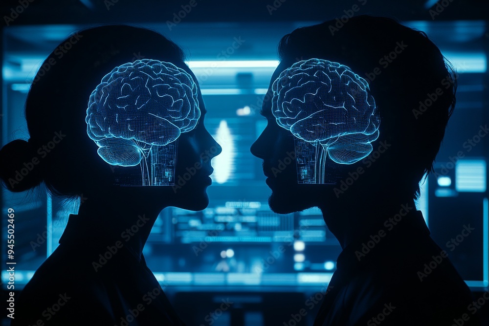 Poster silhouette of a couple with digital brain visualizations representing the interplay between love and