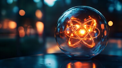 The image showcases a glowing atomic symbol encapsulated in a transparent glass sphere, representing nuclear energy, science, and futuristic concepts in a vibrant setting.