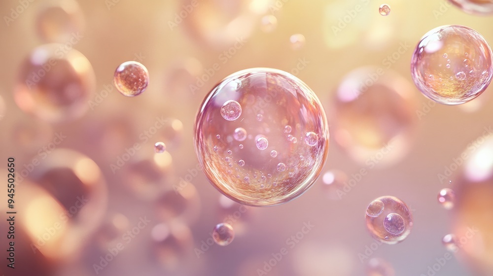 Poster this image captures the essence of pastel-colored bubbles gracefully floating within a soft pink aur