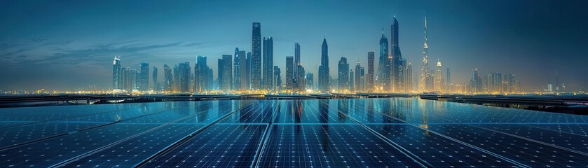 Reflective solar panels, futuristic skyline, sustainable energy, city at night