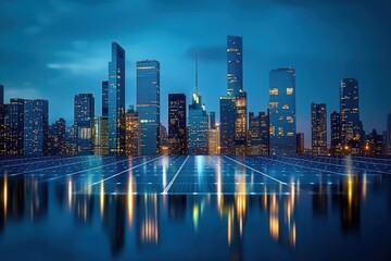 Fototapeta premium Sleek city skyline, integrated solar panels, sustainable energy reflections, nighttime view