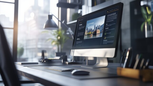 Modern computer display on an office desk with a web design studio concept page. Web design company presentation