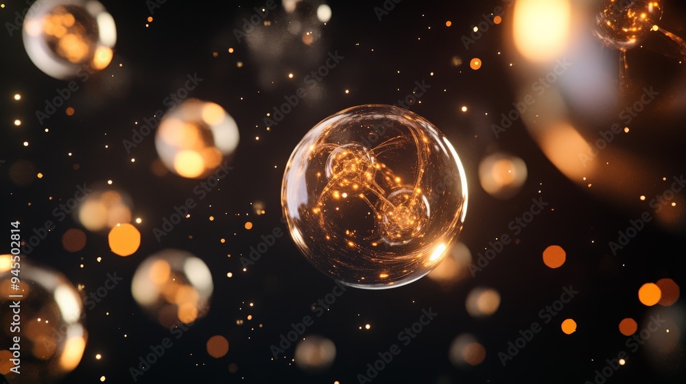 Poster this abstract image features glowing orbs with dynamic sparkles against a dark background, creating 