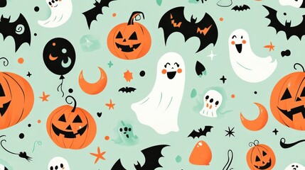 Obraz premium A playful Halloween-themed pattern featuring ghosts, pumpkins, bats, and stars.