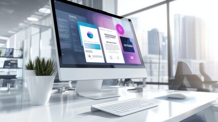 Modern computer display on an office desk with a web design studio concept page. Web design company presentation