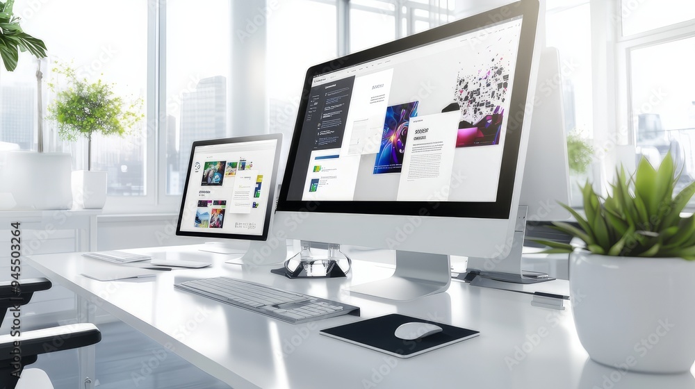 Fototapete Modern computer display on an office desk with a web design studio concept page. Web design company presentation