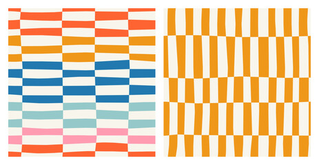Set of abstract seamless patterns of vertical and horizontal multicolored stripes in a row, distorted checkerboard pattern, hand drawn illustration, flat style