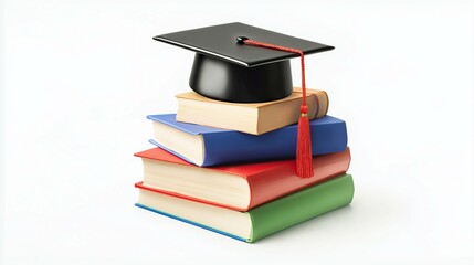 Concept of Continuing Education Depicted by Graduation Cap and Books Isolated on White Background