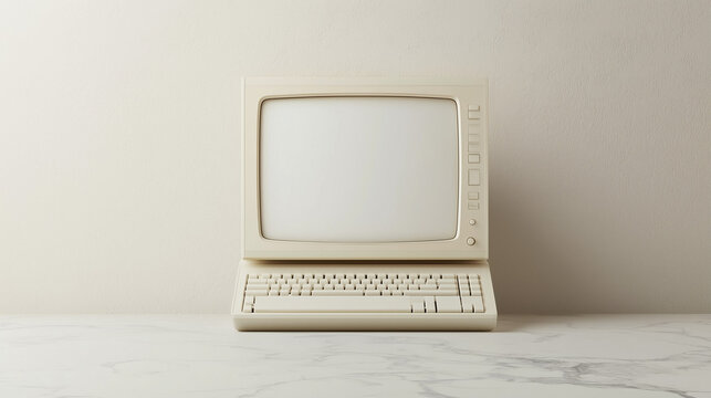 A retro-style desktop computer, featuring a white CRT monitor with a white screen, set against a white background