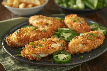 Delicious Breaded and Fried Chicken Tenders With Jalapeno Pepper Slices On a Platter