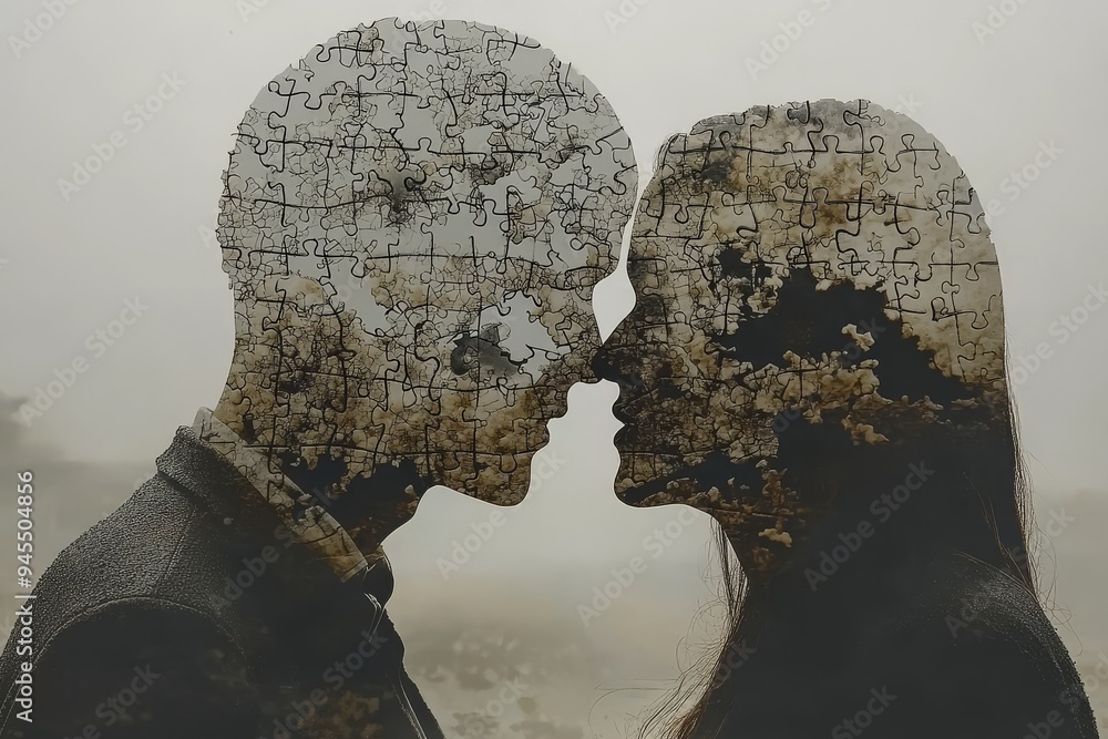 Poster stone sculptures of a couple with puzzle pieces missing from their heads symbolizing fragmented iden