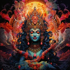 Obraz premium A vibrant depiction of a goddess surrounded by flames and mystical elements.