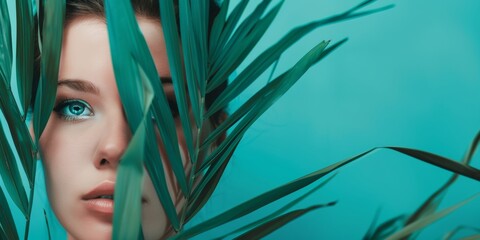 Naklejka premium Young woman partially hidden by green tropical leaves with a blue background showcasing a serene and artistic atmosphere. With copy space for text.