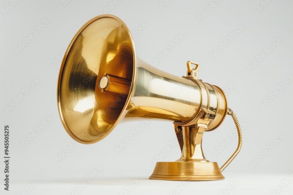 Poster a golden horn sits on a white surface, ideal for use in presentations or as a decorative element