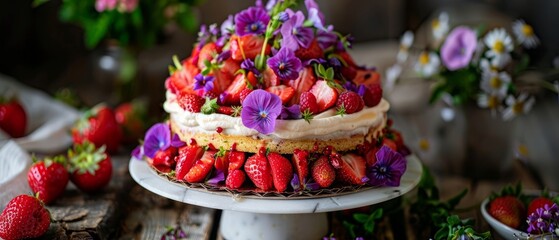 beautiful biscuit cake with strawberries decorated with natural geranium flowers. process of decorating a cake with flowers