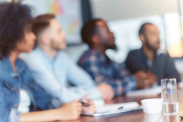 Group of people listening to a presentation. Defocussed. Group of people listening to a presentation. Defocussed. They are at a seminar or meeting sitting at a table. Men and women dressed in casual b