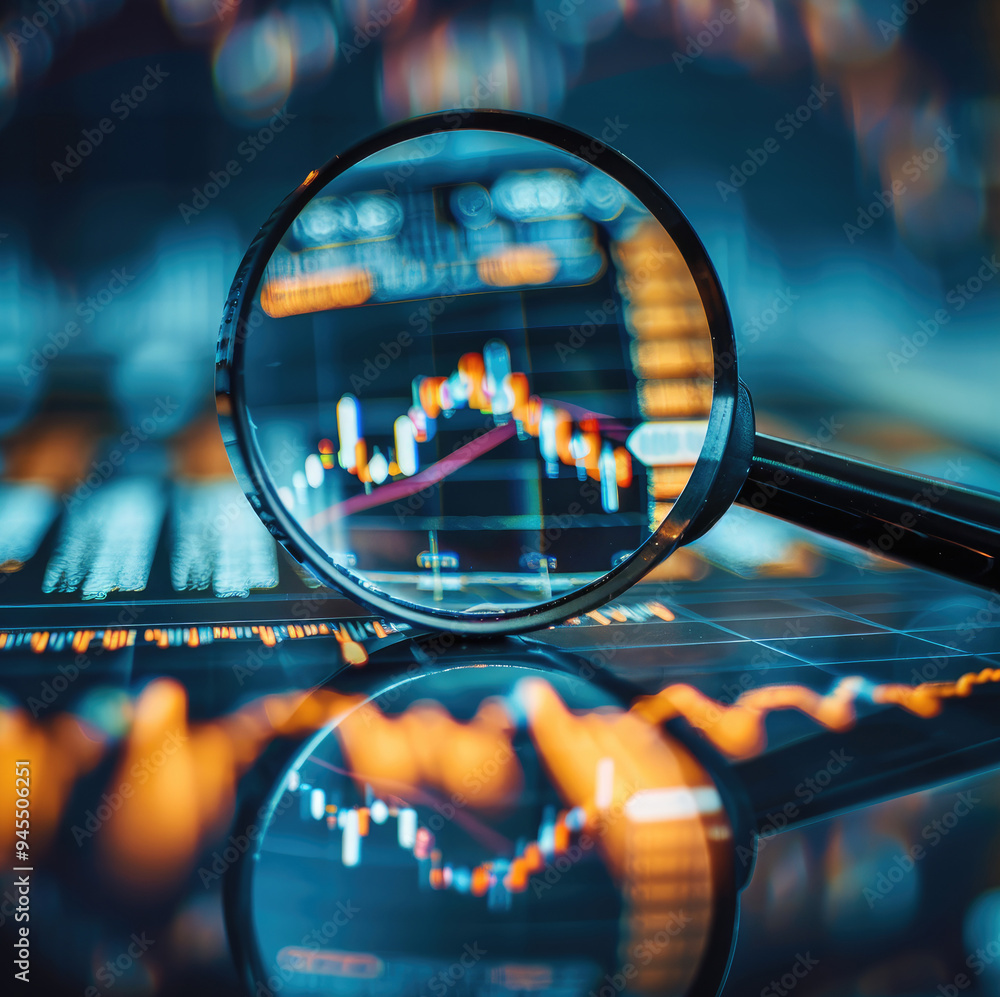 Poster magnifying glass which looks onto charts and different fund market analysis. generative ai.
