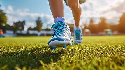 Boy Running on Grass Field with Soccer Cleats. Closeup image on Soccer Boots.