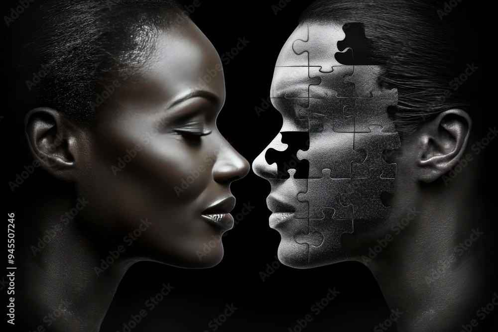 Poster black and white portrait of a couple with puzzle faces representing the fragmentation and rebuilding