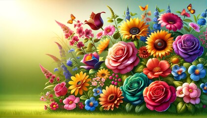 Illustrations of various colorful flowers in a vibrant garden