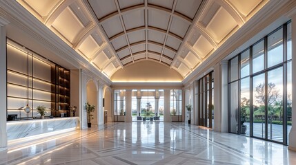 Design an awe-inspiring golf clubhouse lobby with a ceiling. Generative AI.