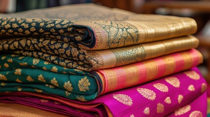 Traditional Indian saree with gold embroidery, carefully folded on a display table, no people.