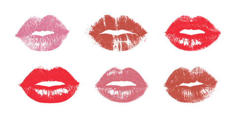 Set imprint kiss lips. Red, pink and brown silhouettes isolated on transparent background. Realistic vector beautiful kiss. Different shapes female sexy lips. Lips makeup. Female mouth. Lipstick kiss