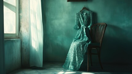 Women's dress in soft teal with delicate bow patterns, gently draped over a chair in a softly lit room, creating a calm and serene mood.