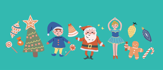 Merry xmas horizontal banner design with cartoon flat santa, snowman and animals. Cute childrens characters with gifts and candy canes. Hand drawn Christmas Festive elements background. Happy Holidays