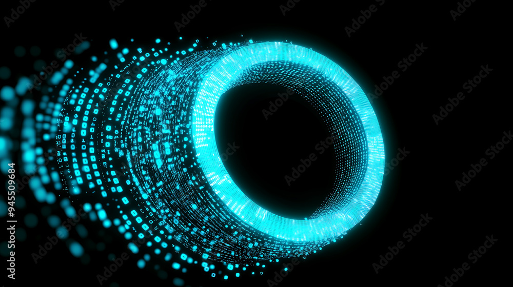 Poster abstract glowing blue digital ring composed of binary code, symbolizing data flow
