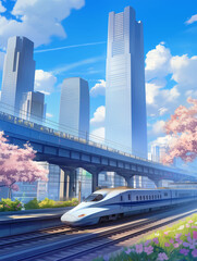 Naklejka premium A high-speed train in motion in the city. Landscape of down.