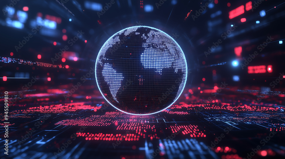 Poster glowing digital globe surrounded by data streams, representing global connectivity