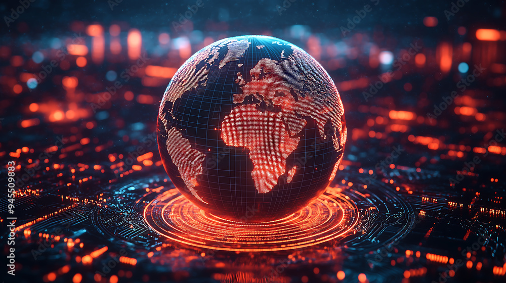 Poster futuristic digital globe with glowing red continents, symbolizing global data networks