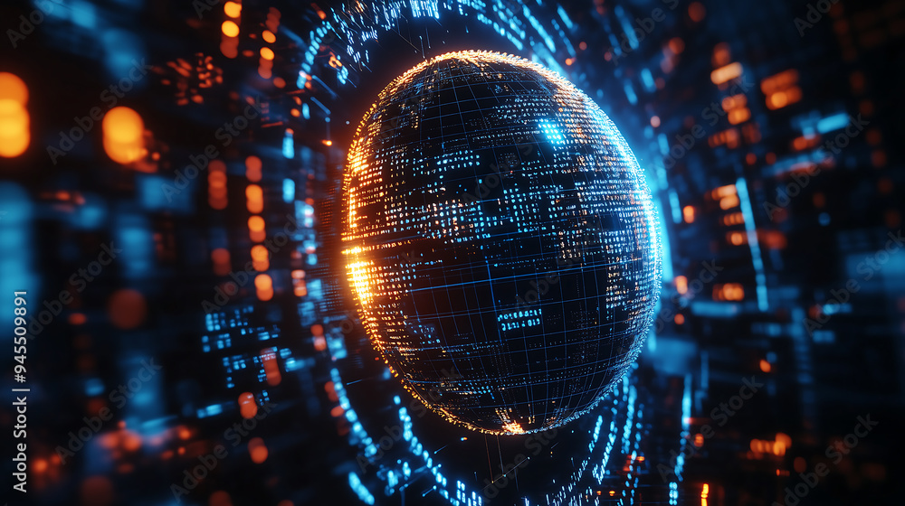 Poster futuristic digital globe with glowing data points and dynamic streams, symbolizing connectivity