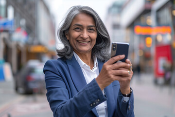 Mature entrepreneur using smartphone on the street 
