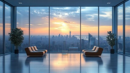 Fototapeta premium modern office interior with floortoceiling windows sleek furniture and soft natural light creating a blurred dreamlike atmosphere