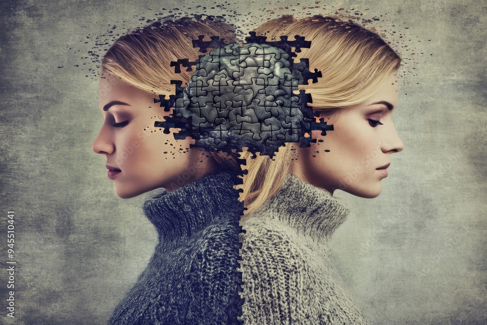 Poster ethereal portrait of a couple with floating puzzle pieces highlighting the complexity of cognitive a
