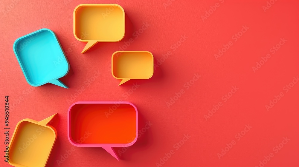 Poster A collection of bright and cheerful speech bubbles set against a vibrant red background, perfect for illustrations and designs