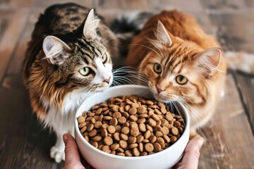 Cat food and two cats A large bowl with cat food, and two curious cats looking at it