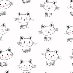 Pattern made with cute cats with meow word. Characters, stickers, t-shirt designs.
