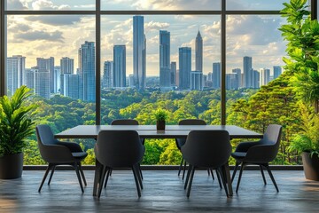 Modern Dining Room with City Skyline View Through Large Windows