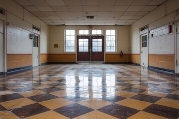 Abandoned Hallway with Checkerboard Floor and Windows