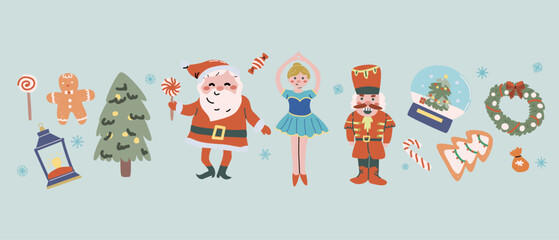 Merry xmas horizontal banner design with cartoon flat santa, snowman and animals. Cute childrens characters with gifts and candy canes. Hand drawn Christmas Festive elements background. Happy Holidays