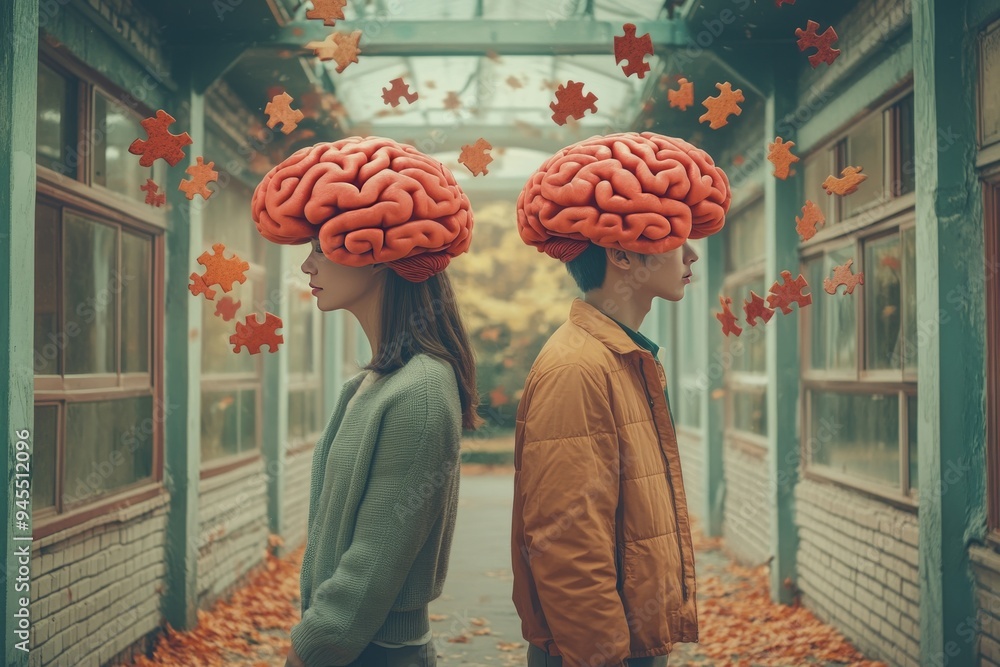 Poster couple with puzzle piece brains in a tranquil autumn setting representing the complex emotional and 