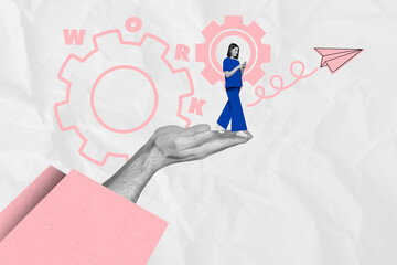 Composite photo collage of happy business girl surf phone walk human palm settings optimization work time isolated on painted background