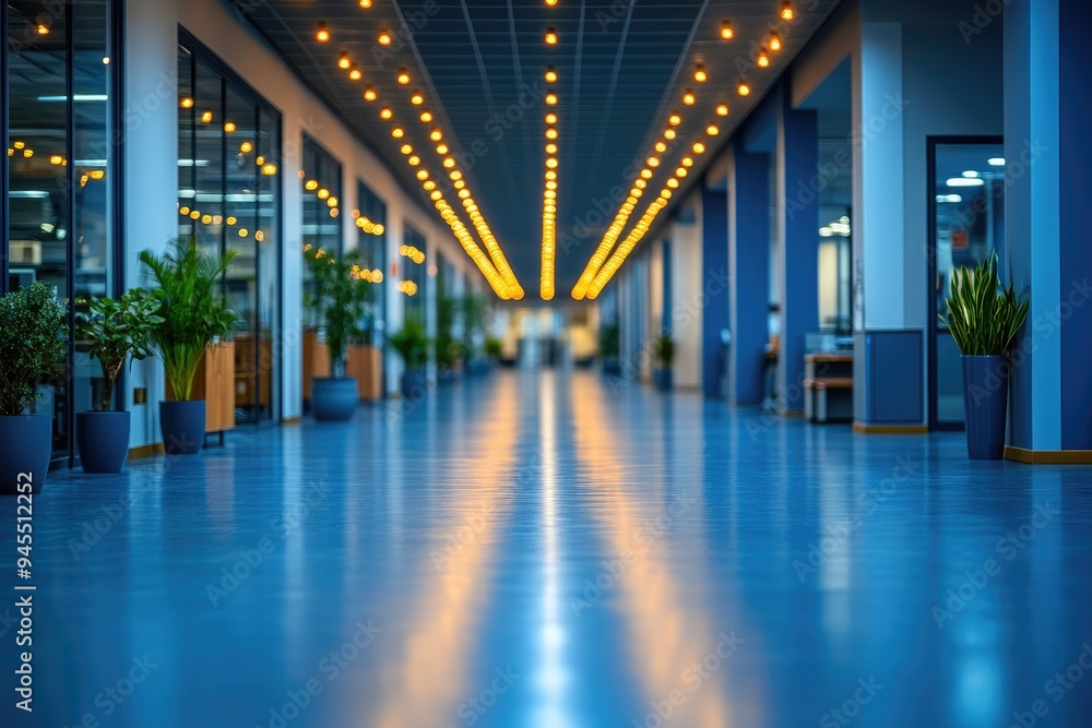 Poster a long, empty corridor with string lights reflecting on the floor
