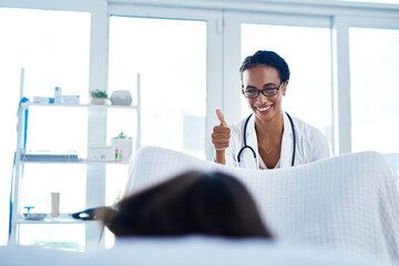 Gynaecologist, thumbs up and patient with checkup at clinic for pelvic exam, pap smear and vaginal...